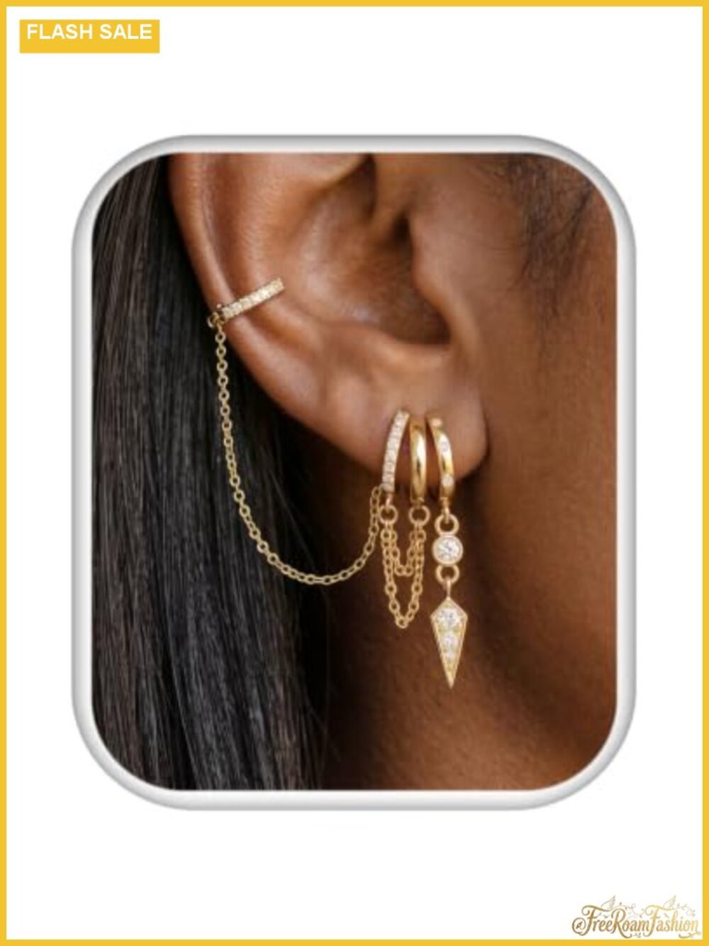 14K Gold Plated Illusion Triple Huggie Chain Drop Earrings Women